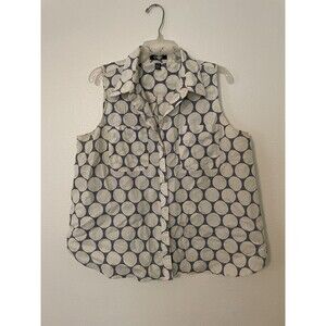 CHAPS Women's Sleeveless Shirt Tank Blue White Polka Dot Linen Blend Size XL